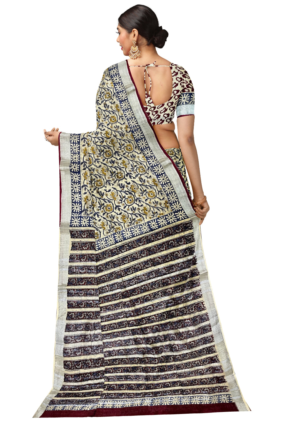 Southloom Linen Light Brown Designer Saree with Blue Floral Prints (include Separate Blouse Piece)