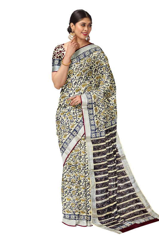 Southloom Linen Light Brown Designer Saree with Blue Floral Prints (include Separate Blouse Piece)