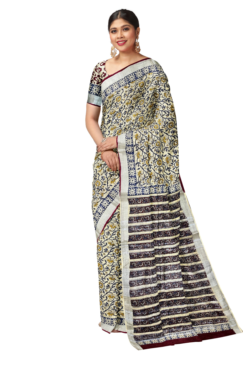 Southloom Linen Light Brown Designer Saree with Blue Floral Prints (include Separate Blouse Piece)