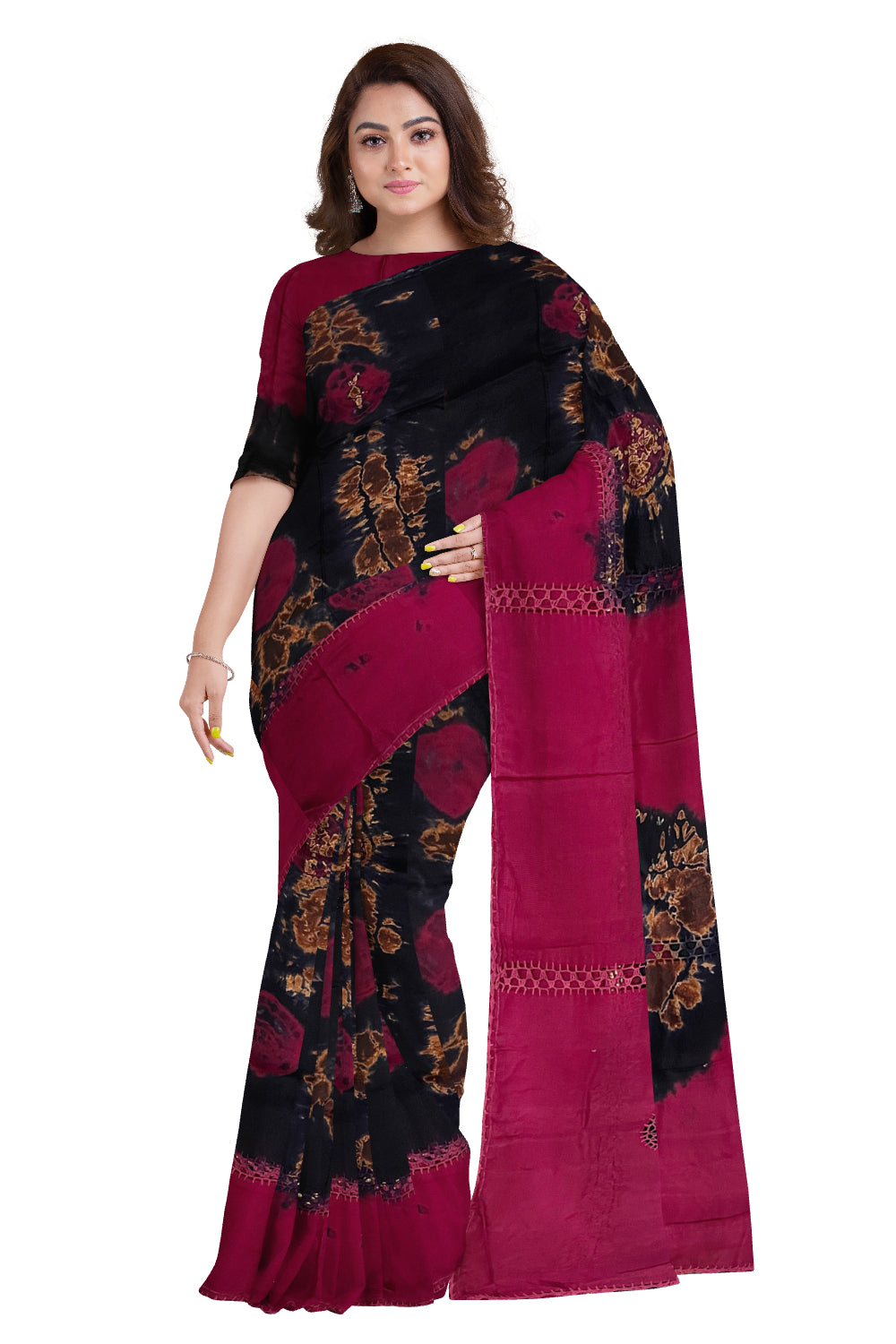 Southloom Semi Tussar Navy Blue Designer Saree with Maroon Crochet Border