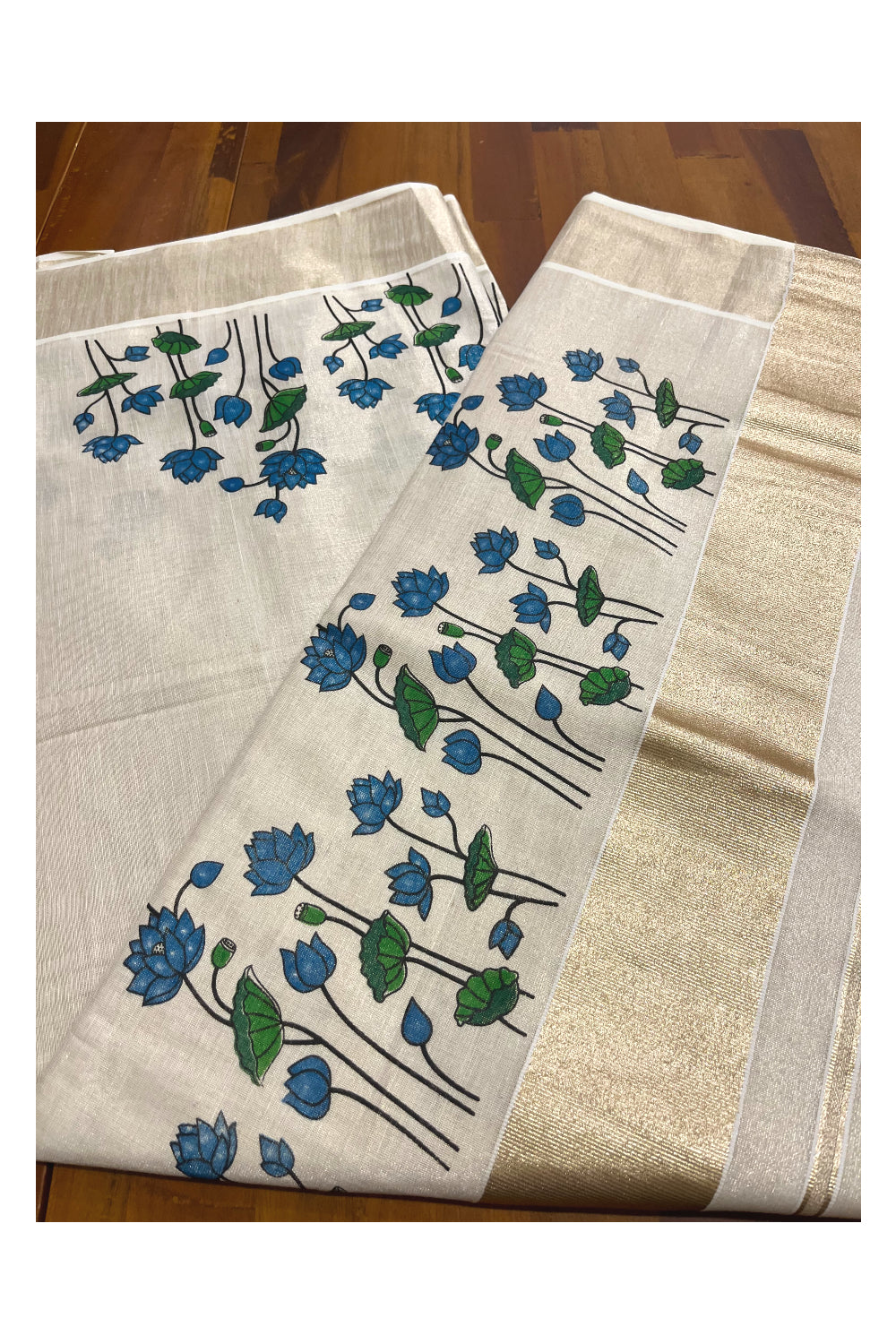 Southloom Antique Gold Tissue Saree with Subtle Blue Lotus Prints