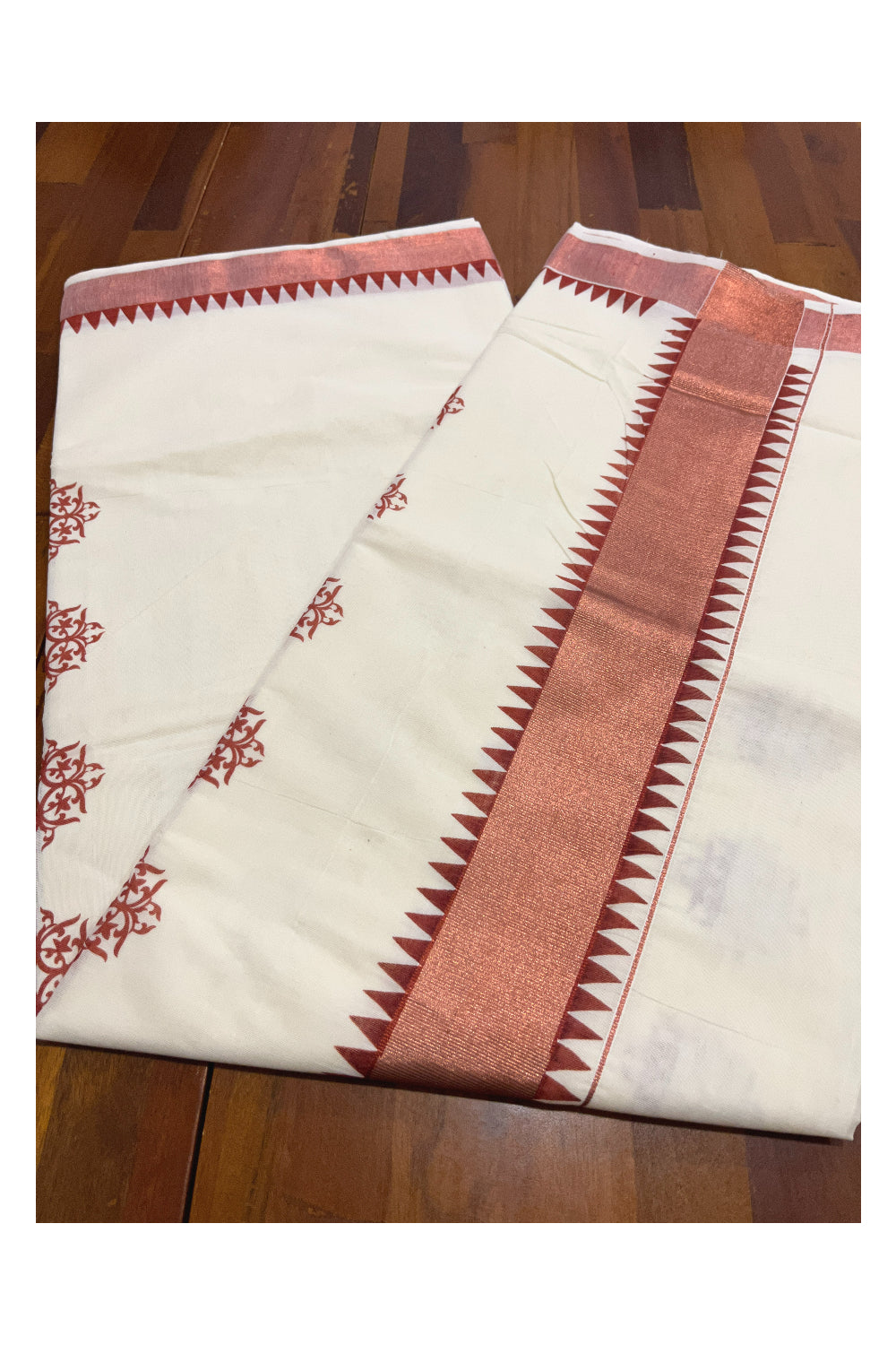 Kerala Pure Cotton Saree with Copper Kasavu Temple Border and Block Prints on Body