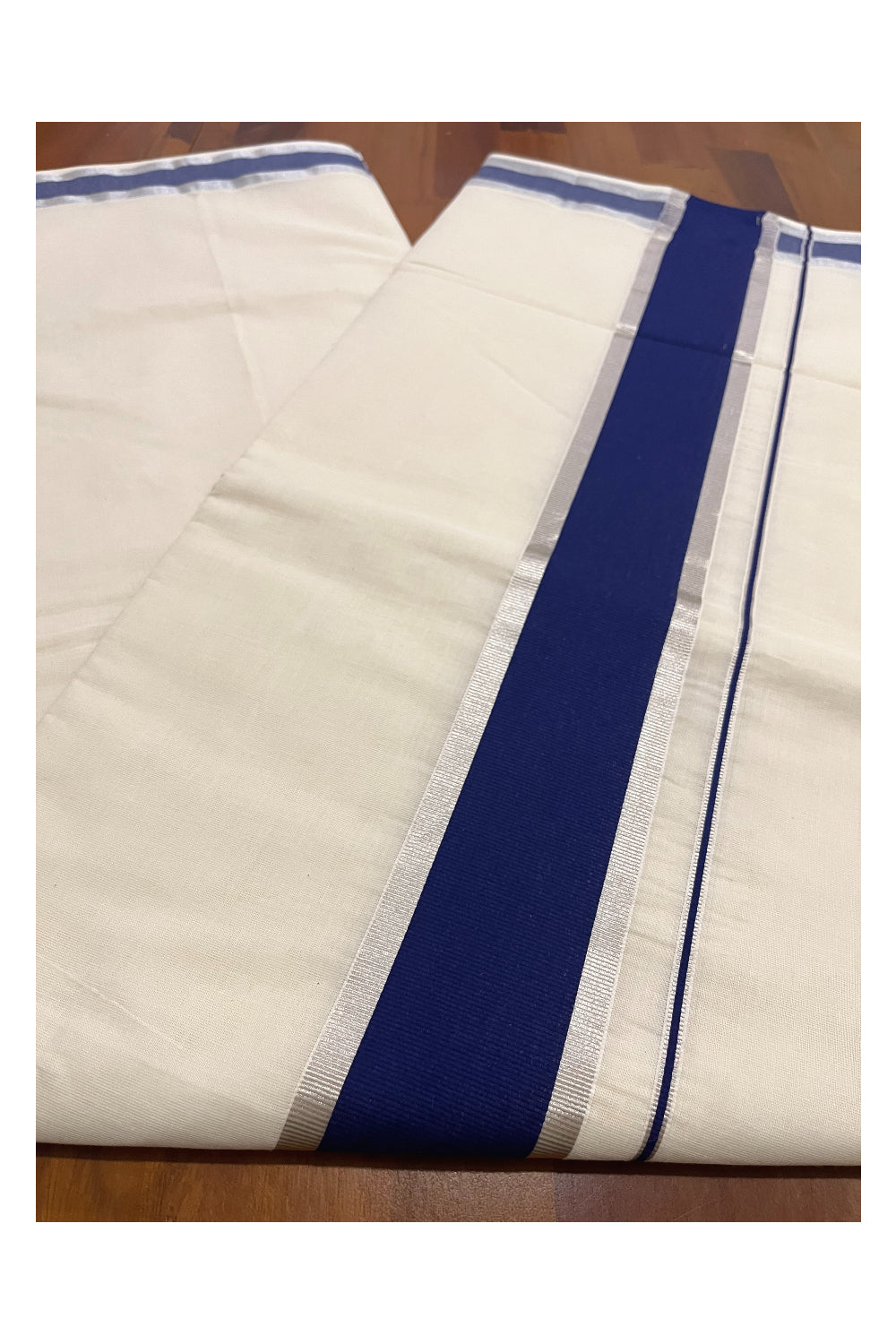 Pure Cotton Kerala Saree with Blue and Silver Kasavu Border