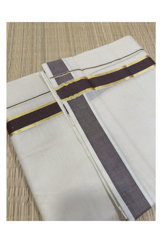 Off White Kerala Double Mundu with Kasavu and Brown Kara (South Indian Dhoti (South Indian Kerala Dhoti)