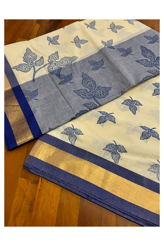 Pure Cotton Kerala Saree with Dark Blue Heavy Woven Leaf Designs and Kasavu Border (Vishu 2024 Collection)