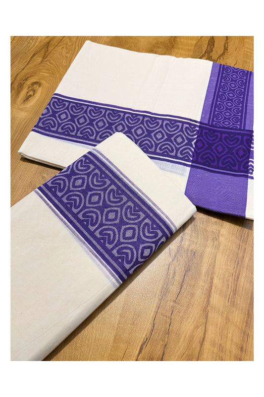 Kerala Cotton Single Set Mundu (Mundum Neriyathum) with Violet Block print Border 2.80Mtrs