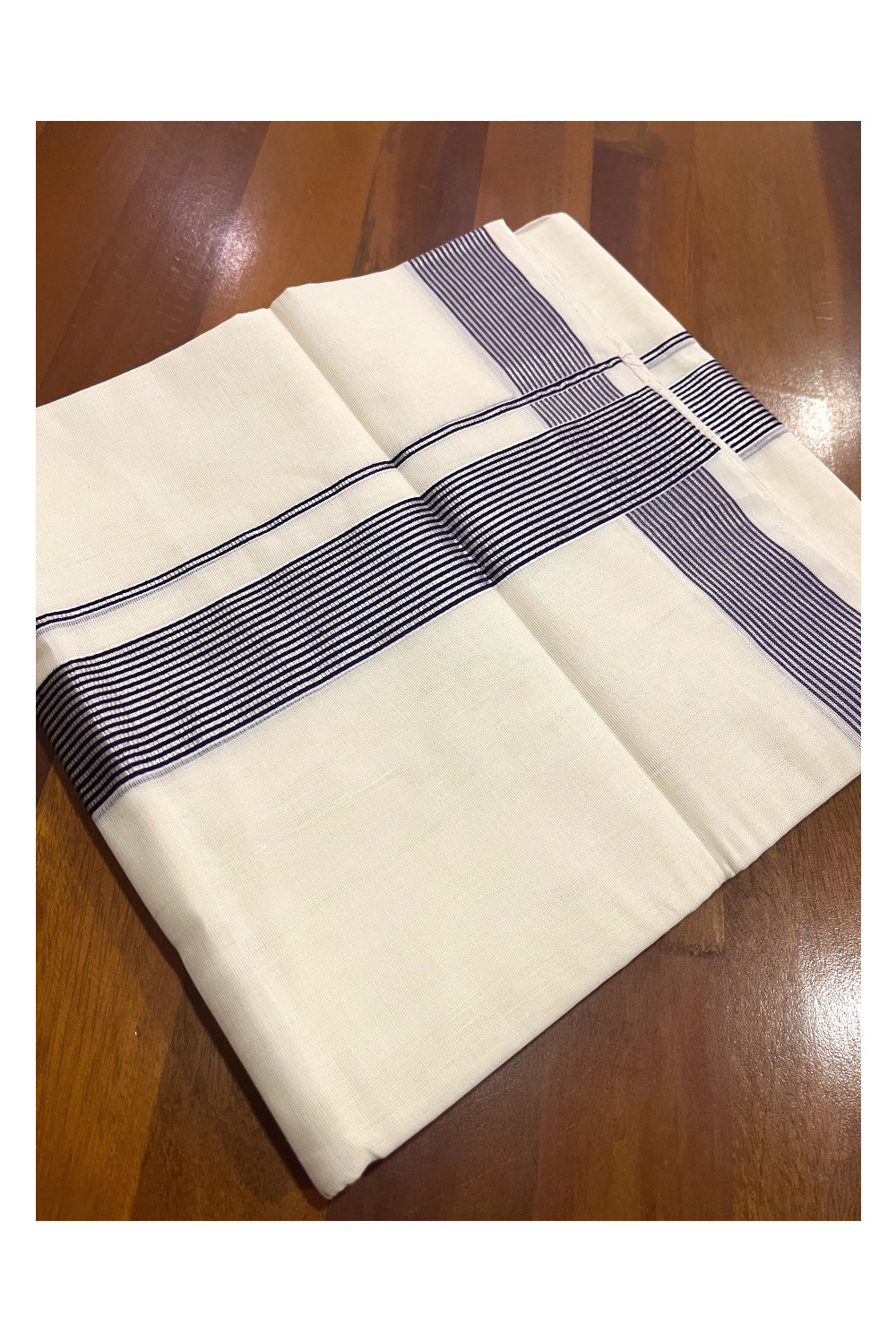 Southloom Premium Handloom Cotton Double Mundu with Silver Kasavu and Blue Lines Border (South Indian Dhoti)