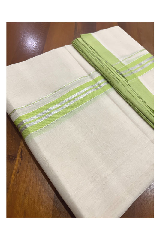 Southloom Premium Balaramapuram Unakkupaavu Handloom Mundu with Light Green and Silver Kasavu Border (South Indian Kerala Dhoti)