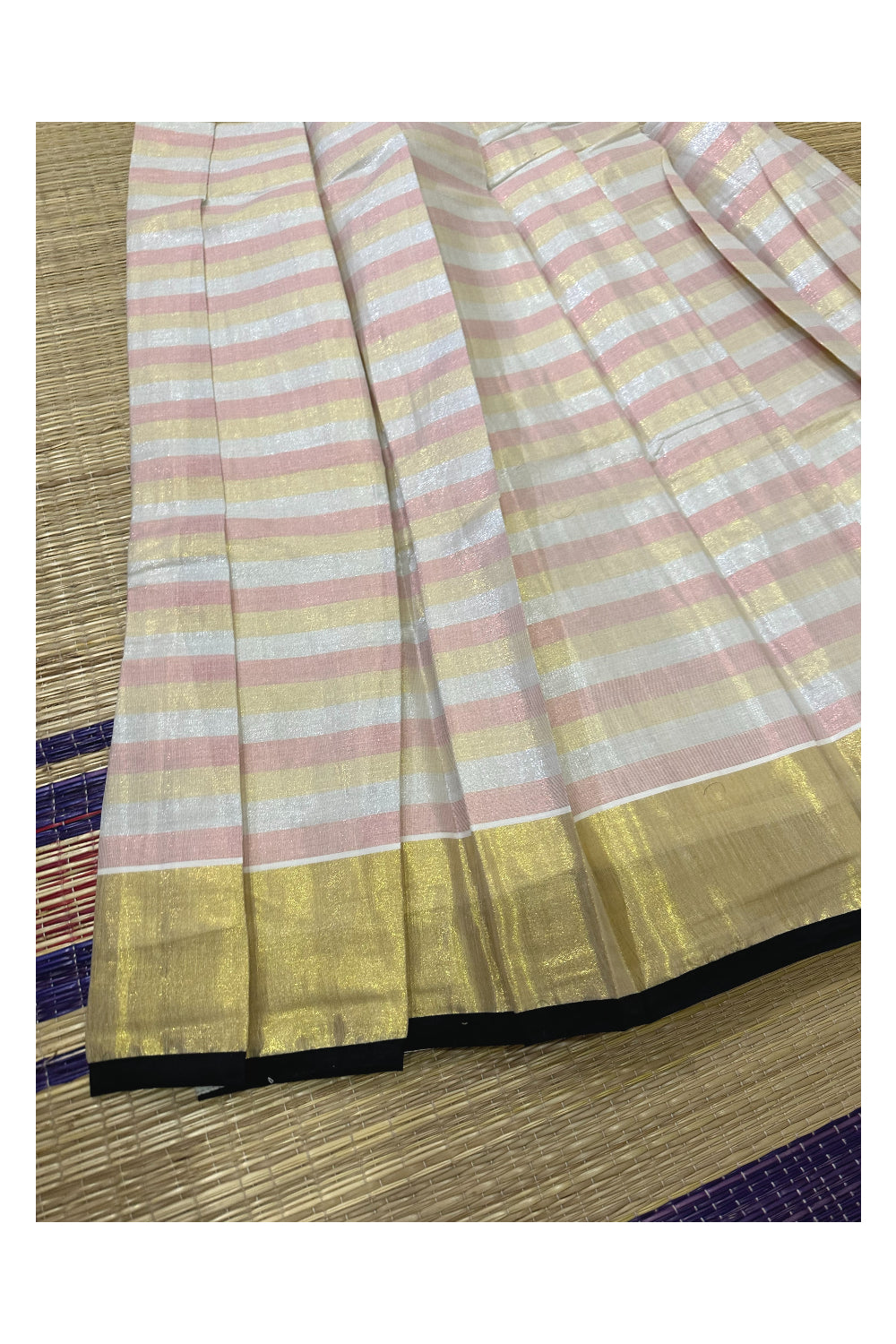 Semi Stitched Dhavani Set with Pink and Kasavu Lines Design Pavada and Blouse Piece