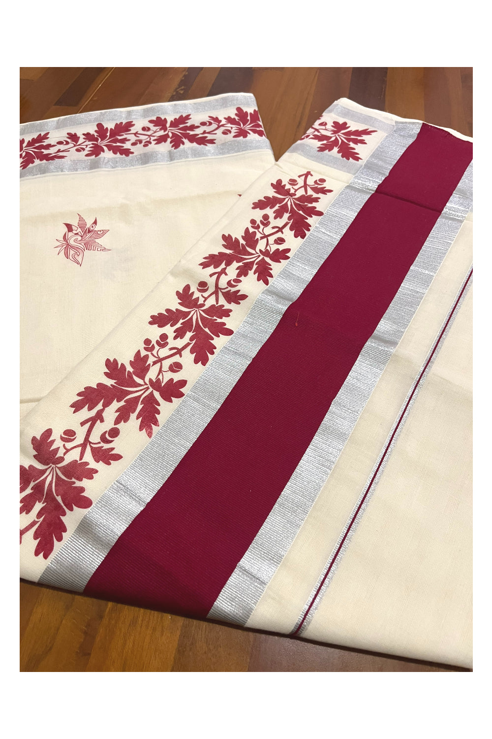 Pure Cotton Off White Kerala Saree with Maroon Floral Block Printed Silver Border (Onam Saree 2023)