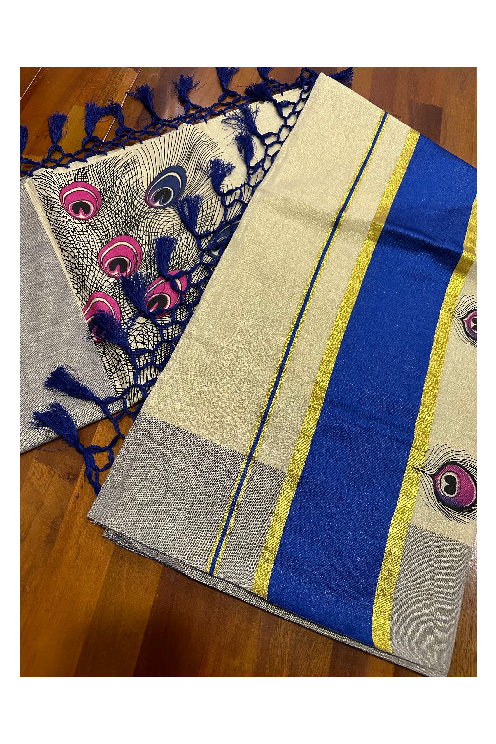 Kerala Tissue Kasavu Saree with Feather Block Prints and Blue Border (Onam Saree 2023)