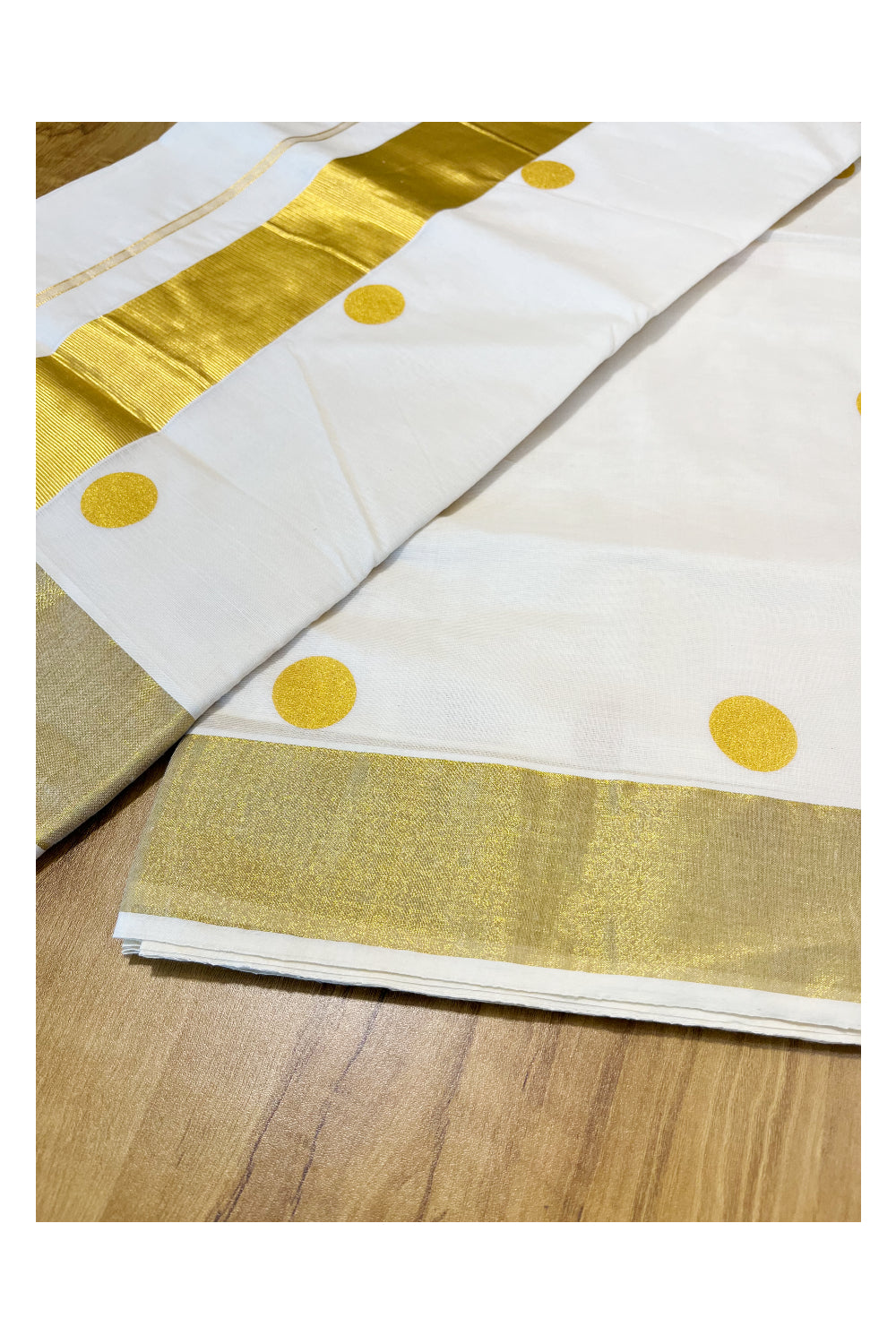 Southloom Kerala Cotton Kasavu Saree with Golden Polka Dot Prints