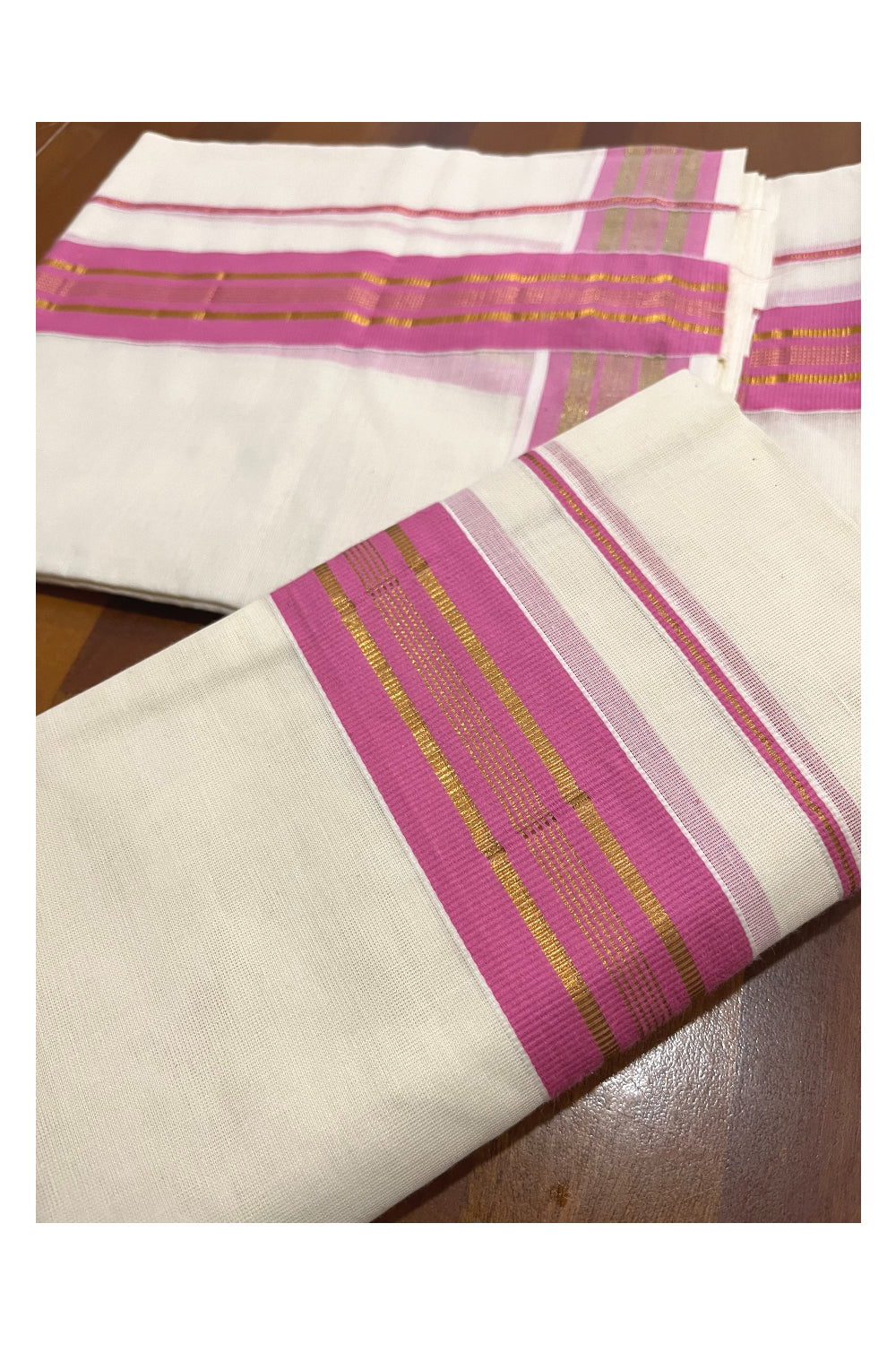 Pure Cotton Kerala Single Set Mundu (Mundum Neriyathum) with Pink and Kasavu Border (Onam Set Mundu 2023)