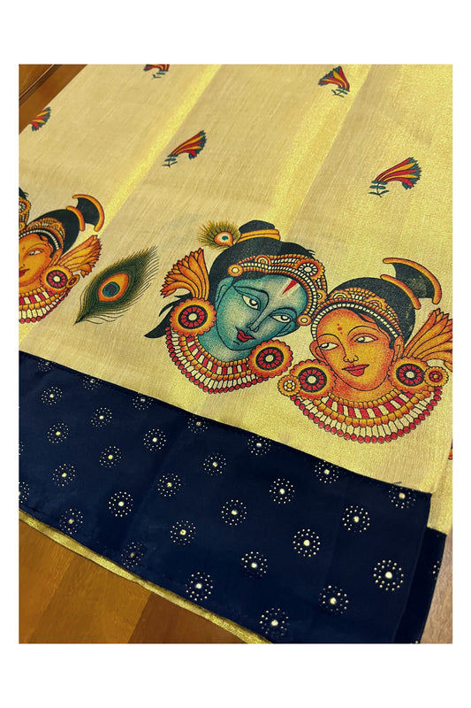 Kerala Tissue Mural Printed Pavada and Dark Blue Sequins Blouse Material for Kids 3 Meters