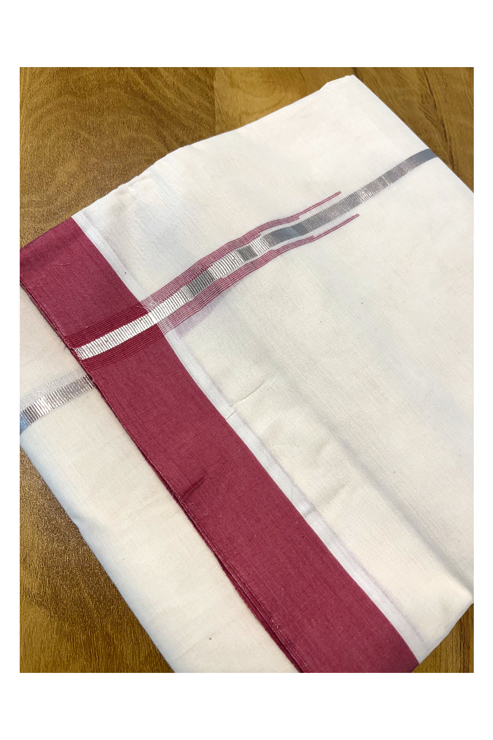 Pure Cotton Off White Double Mundu with Silver Kasavu and Reddish Pink Chutti Border (South Indian Kerala Dhoti)