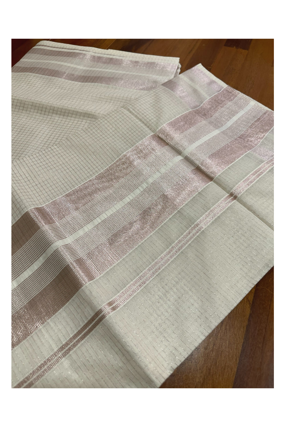 Kerala Rose Copper Kasavu Micro Checks Woven Saree