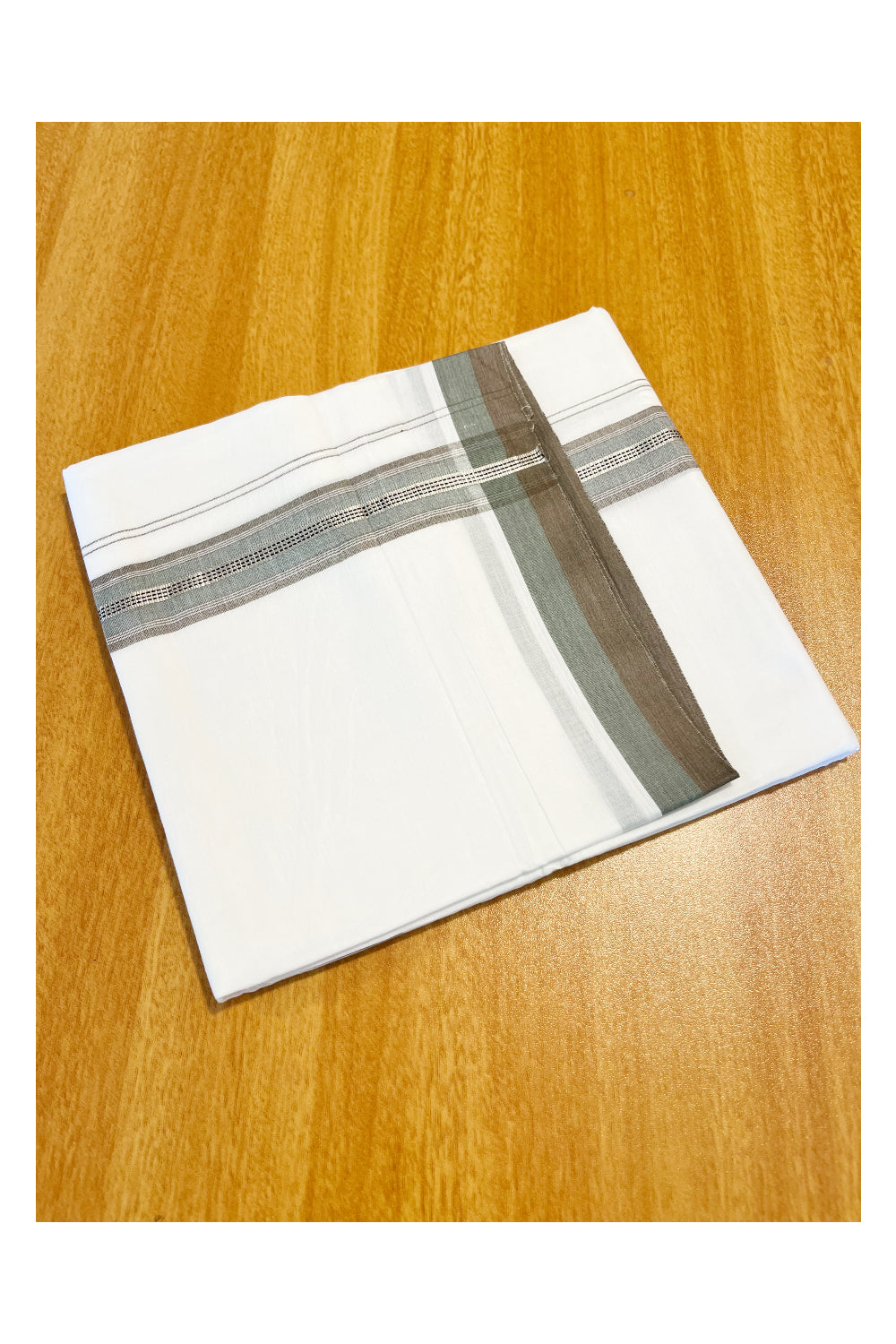 Pure White Cotton Double Mundu with Silver Green And Brown Border (South Indian Dhoti)