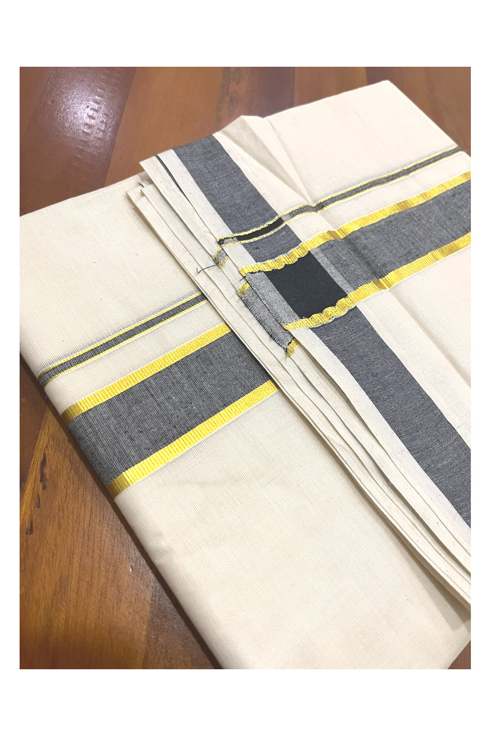 Off White Kerala Cotton Double Mundu with Black Kasavu Kara (South Indian Kerala Dhoti)