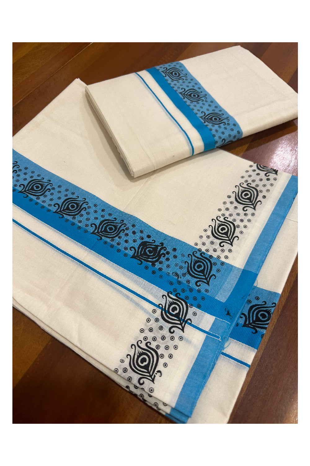 Kerala Cotton Set Mundu (Mundum Neriyathum) with Block Prints on Blue Border (Onam Set Mundu 2023)