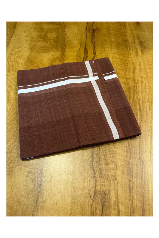 Southloom Premium Handloom Brown Solid Single Mundu (Lungi) with White Border (South Indian Kerala Dhoti)