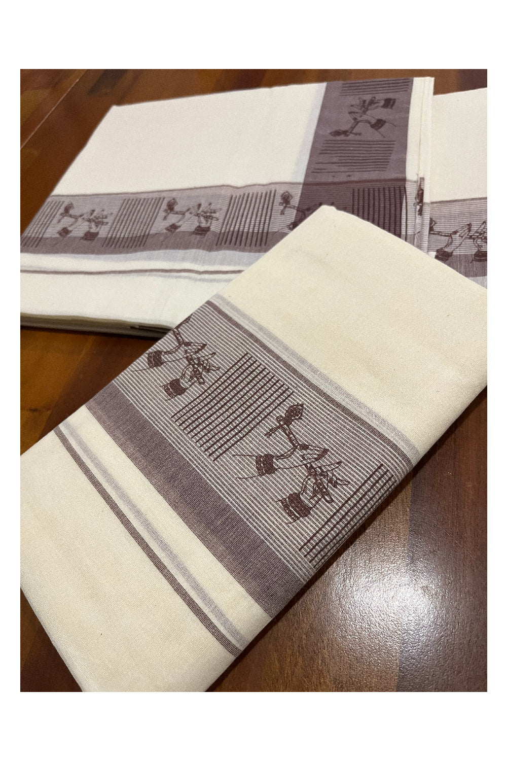 Southloom Pure Cotton Kerala Single Set Mundu with Brown Block Prints on Border (Onam Set Mundu 2023)