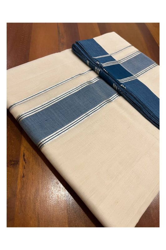 Southloom Premium Balaramapuram Unakkupaavu Handloom Mundu with Blue and Silver Kasavu Border (South Indian Kerala Dhoti)