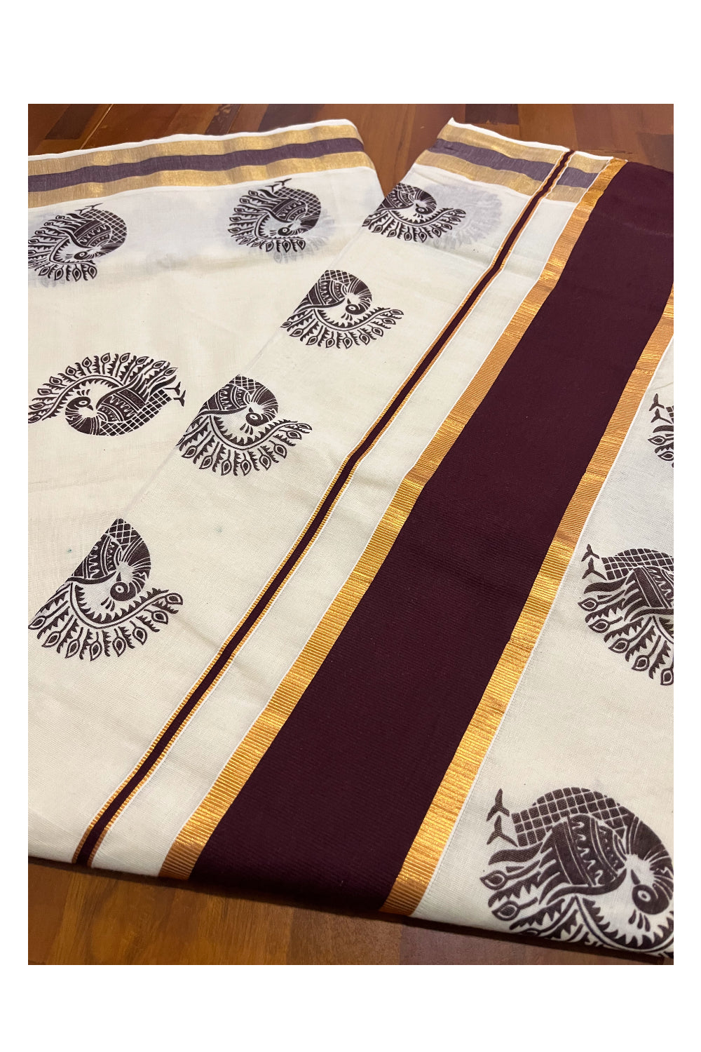 Pure Cotton Kerala Kasavu Saree with Peacock Block Printed Brown Border (Onam Saree 2023)