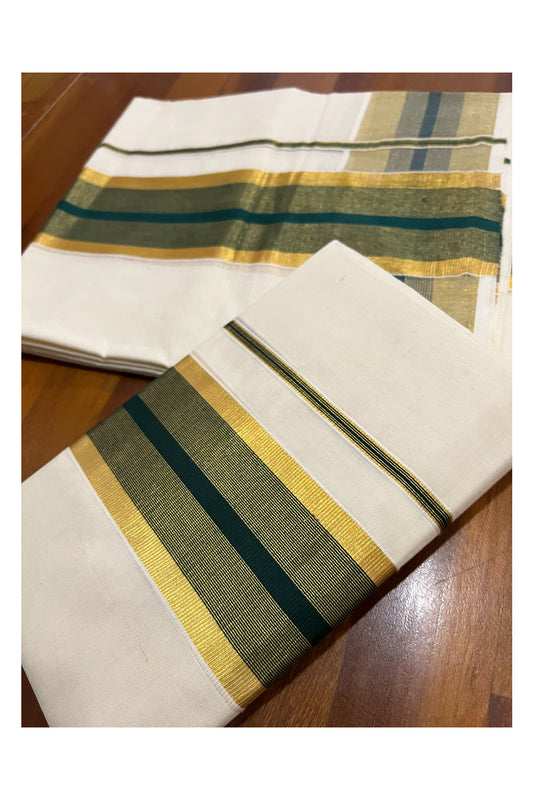 Pure Cotton Kerala Onam 2023 Set Mundu (Mundum Neriyathum) Single with Dark Green and Kasavu Border 2.80 Mtrs