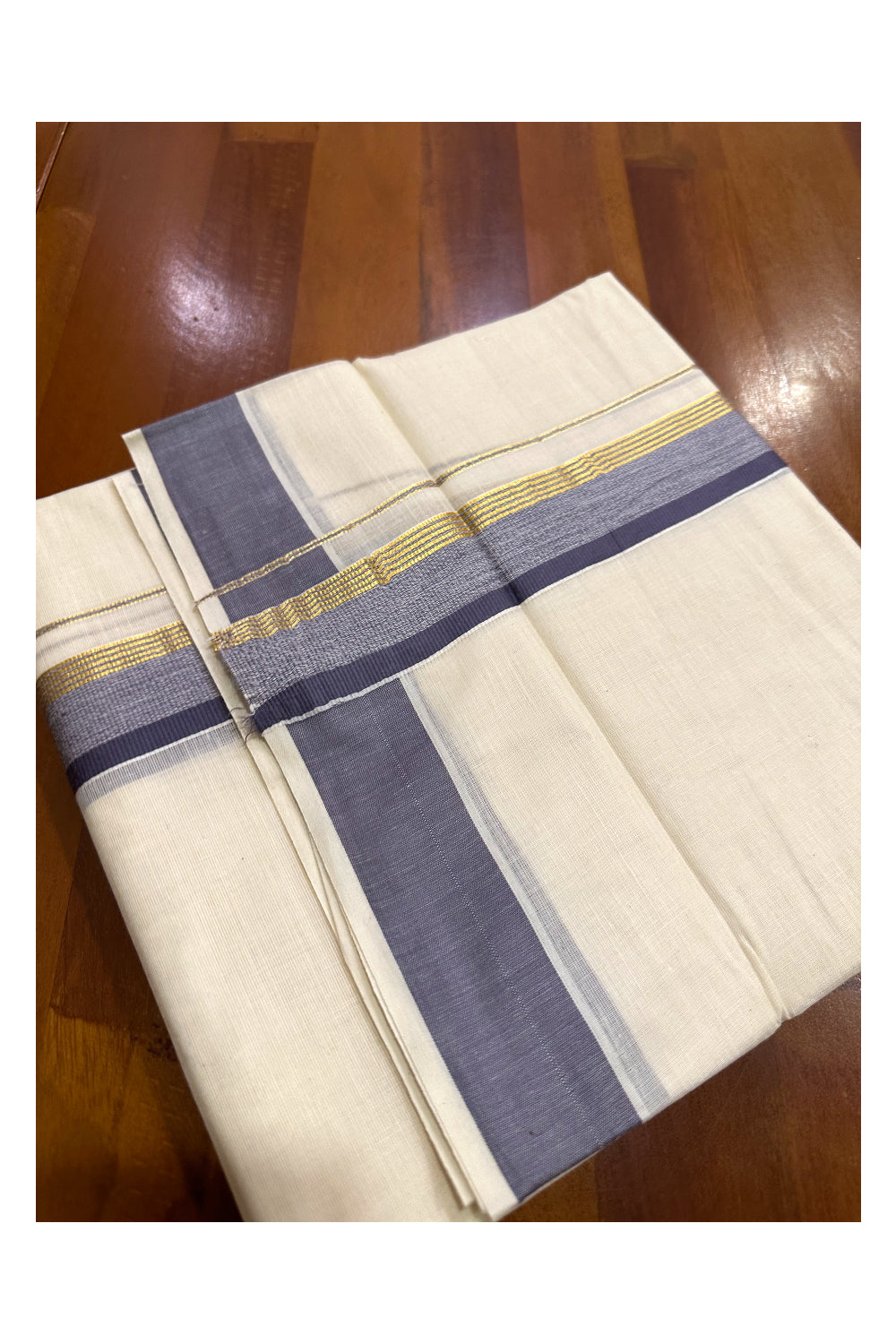 Kerala Cotton Double Mundu with Grey and Kasavu Border (Onam Mundu 2023)