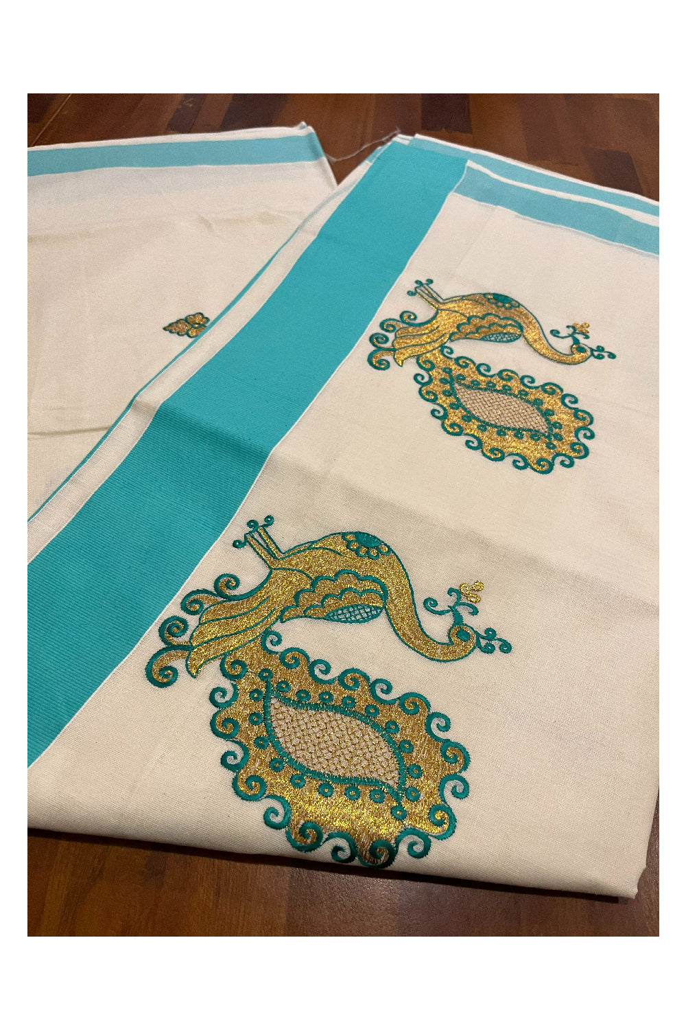 Pure Cotton Kerala Saree with Peacock Embroidery Work and Turquoise Border (Onam Saree 2023)