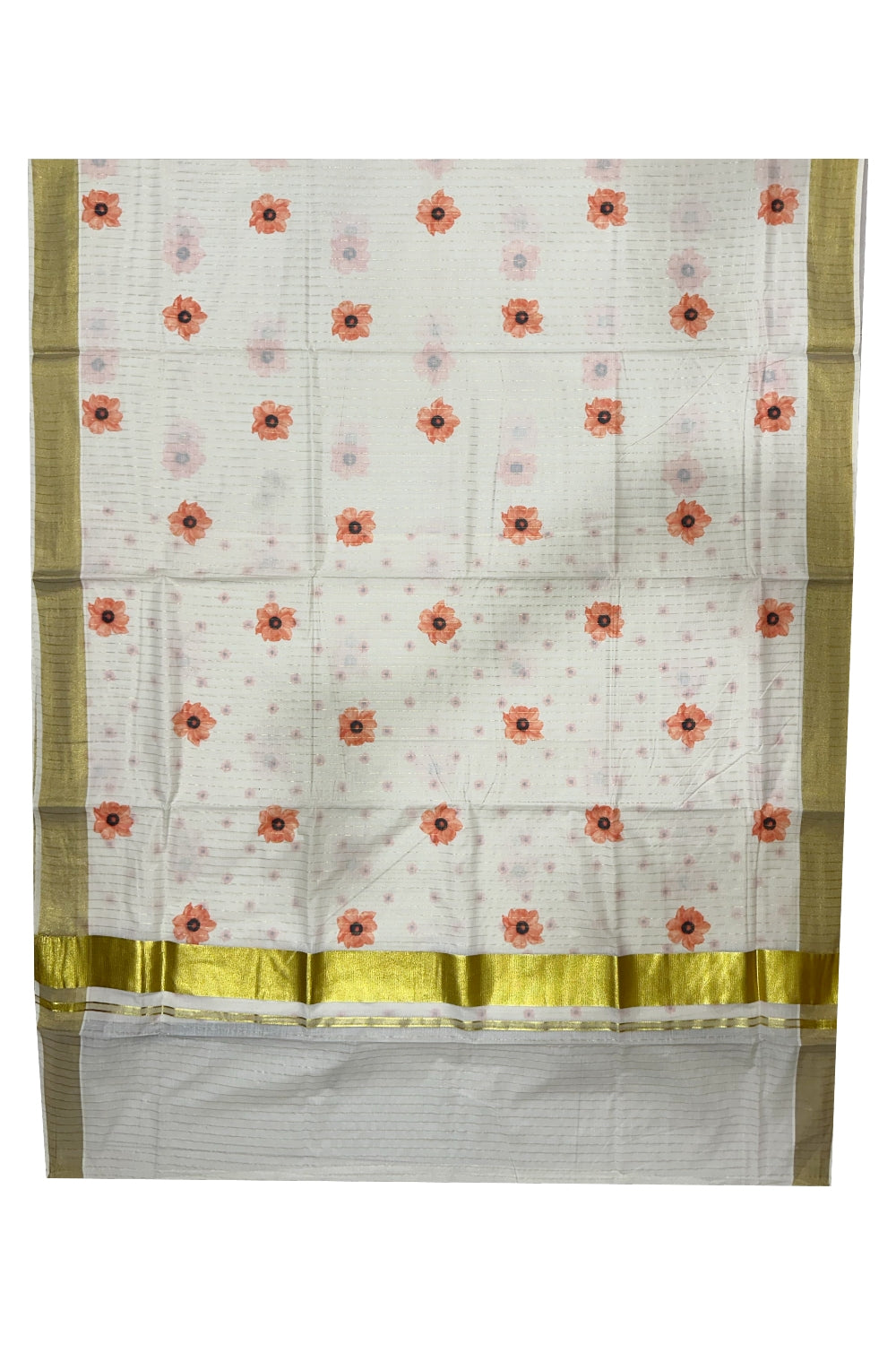 Southloom Onam Special Kasavu Lines Saree with Digital Printed Classy Floral Designs in Orange (Printed Matching Blouse Included)