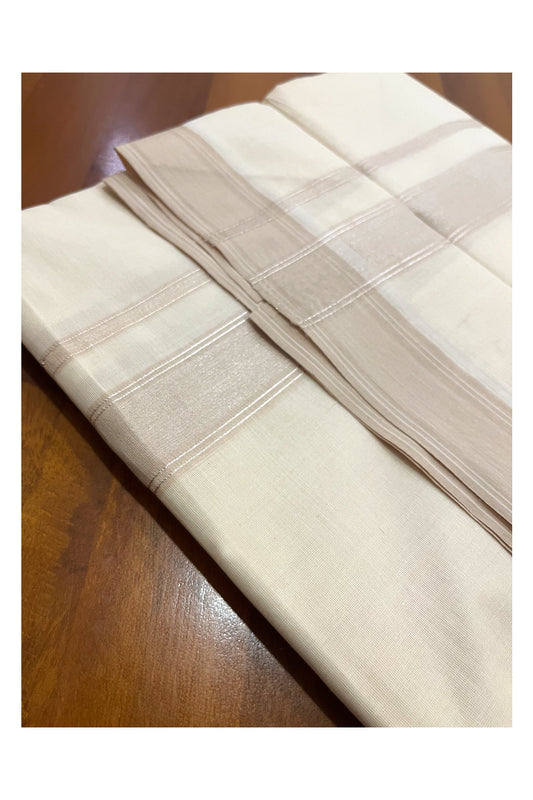 Pure Cotton 100x100 Double Mundu with Beige and Silver Kasavu Line Border (Onam Mundu 2023)