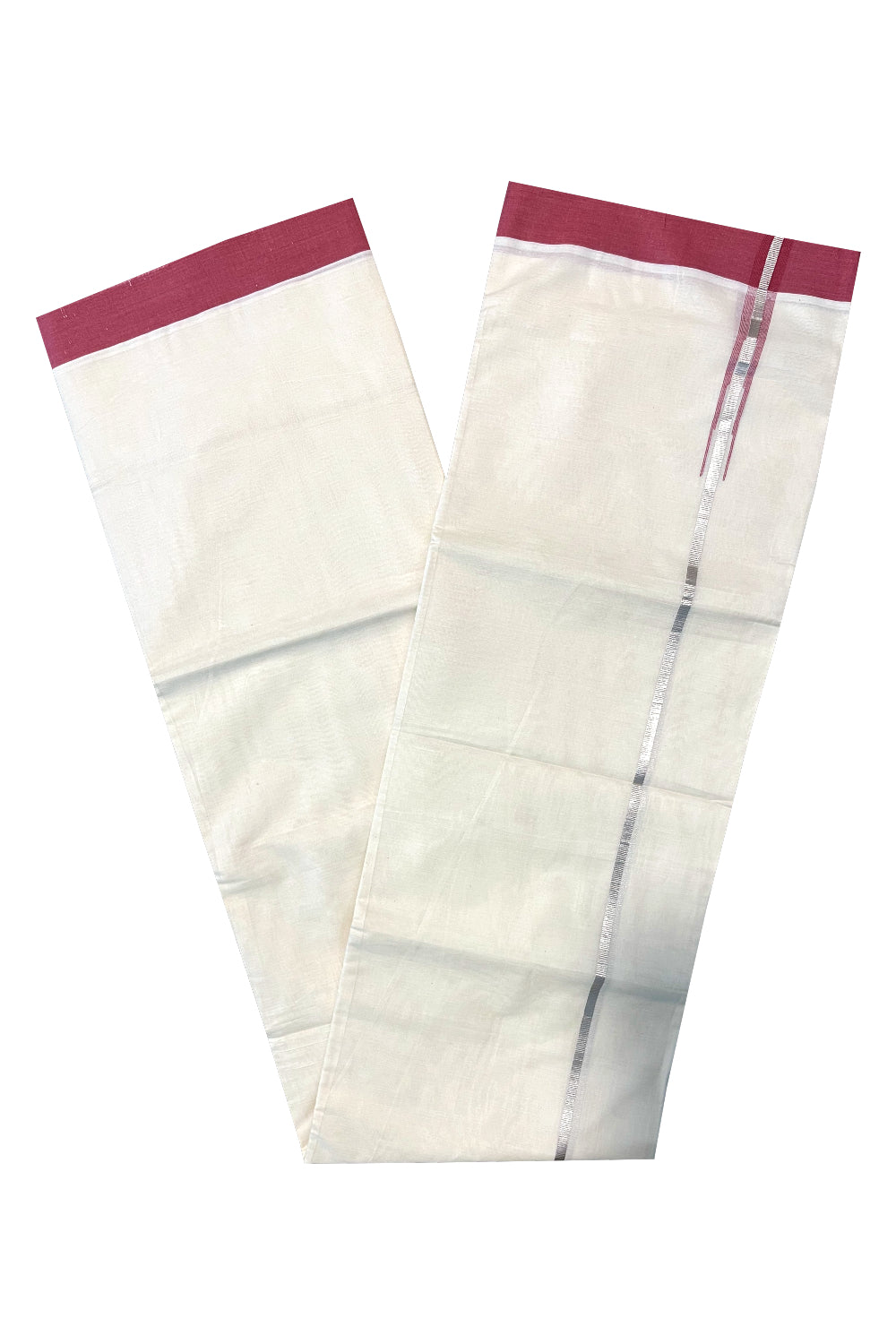 Pure Cotton Off White Double Mundu with Silver Kasavu and Reddish Pink Chutti Border (South Indian Kerala Dhoti)