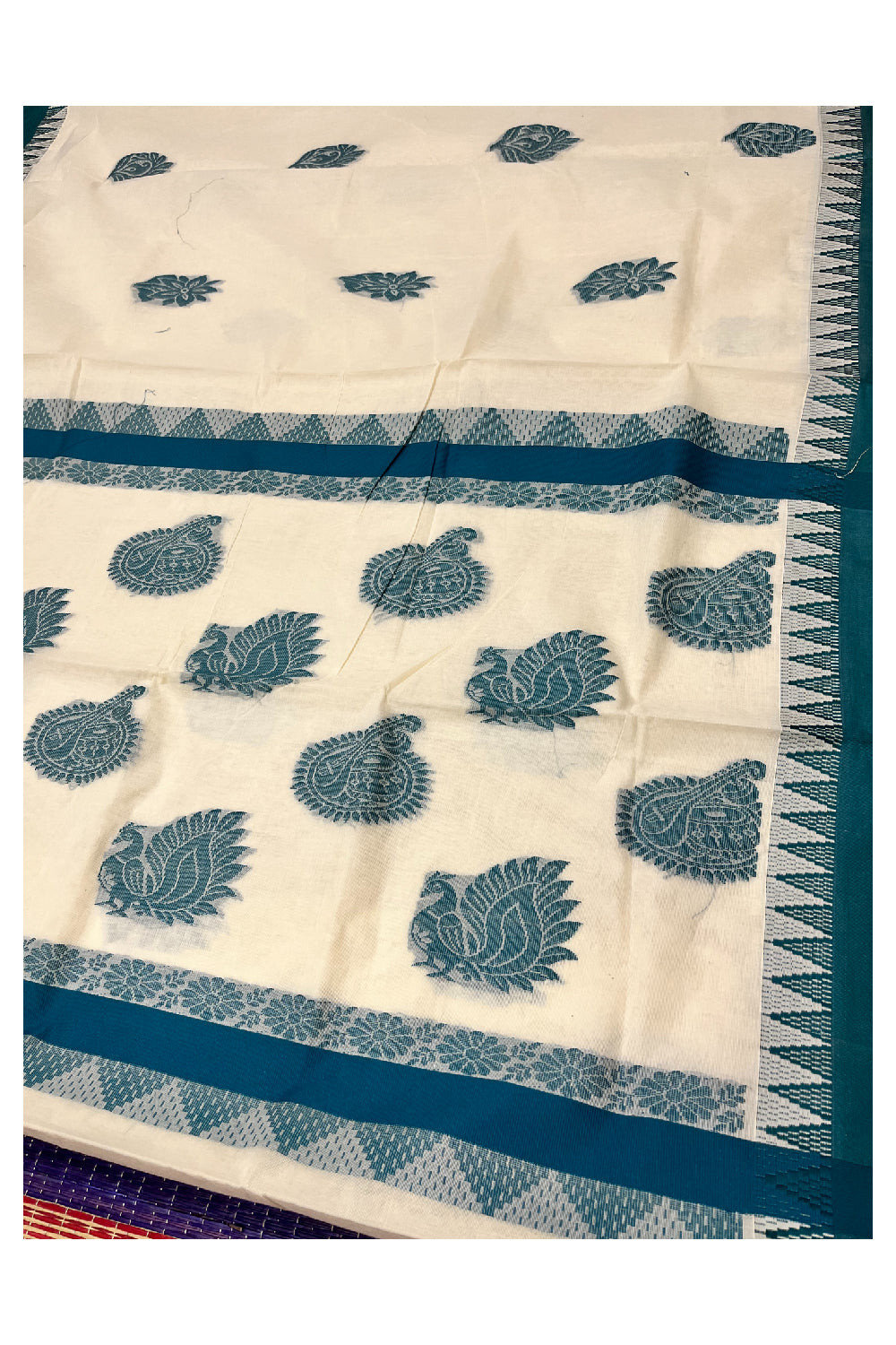 Pure Cotton Kerala Saree with Teal Heavy Woven Designs and Temple Border (Vishu 2024 Collection)