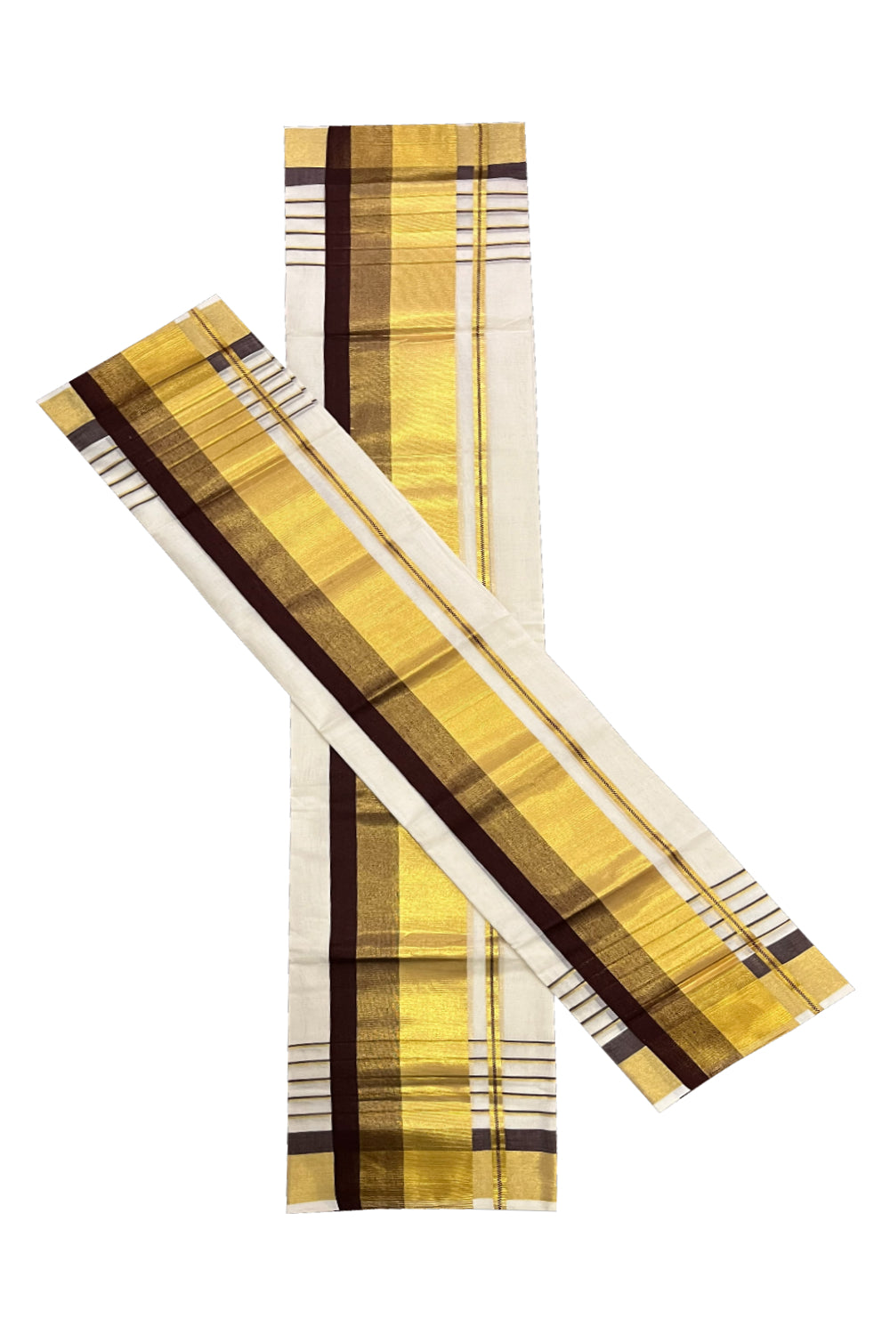 Pure Cotton Handloom Premium Set Mundu (Mundum Neriyathum) with Brown and Kasavu Border