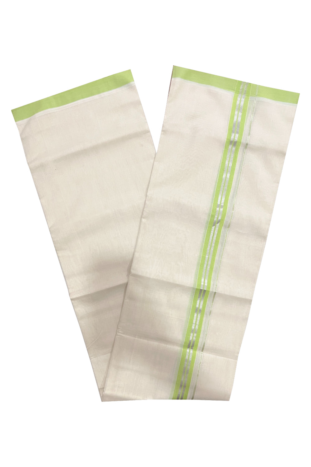 Southloom Premium Balaramapuram Unakkupaavu Handloom Mundu with Light Green and Silver Kasavu Border (South Indian Kerala Dhoti)