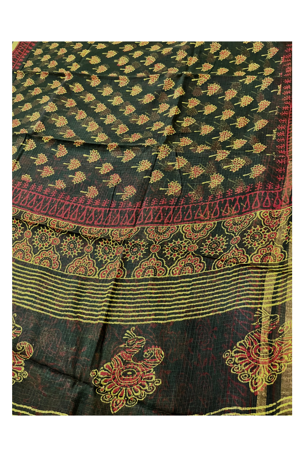 Southloom Kota Fabric Floral Printed Dark Green Saree