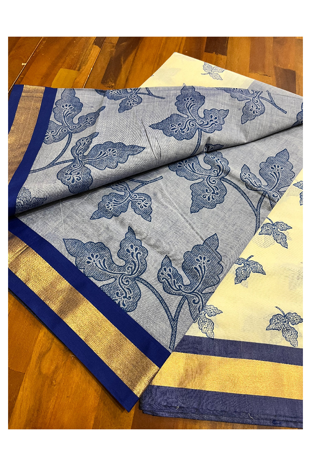 Pure Cotton Kerala Saree with Dark Blue Block Print Leaf Designs and Kasavu Border (Vishu 2024 Collection)