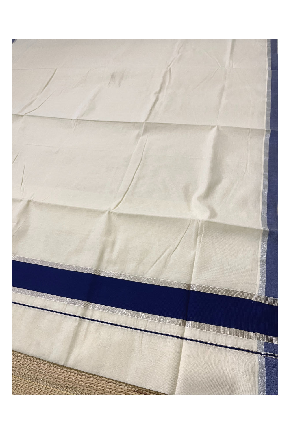 Pure Cotton Kerala Saree with Blue and Silver Kasavu Border