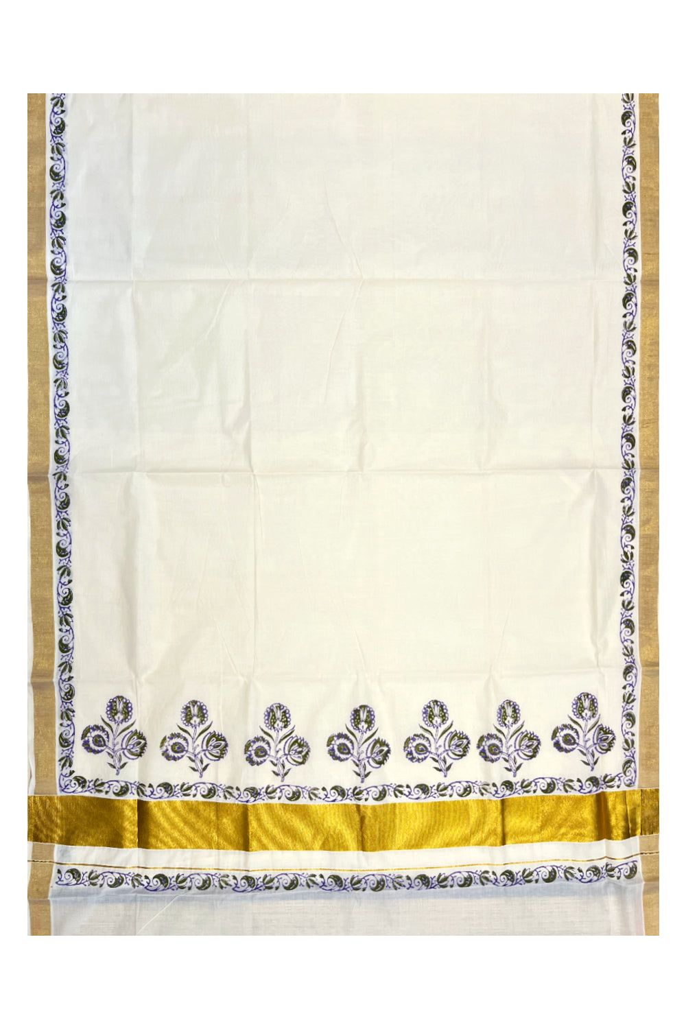 Southloom Cotton Kerala Kasavu Saree with Olive Green and Violet Block Prints On Border