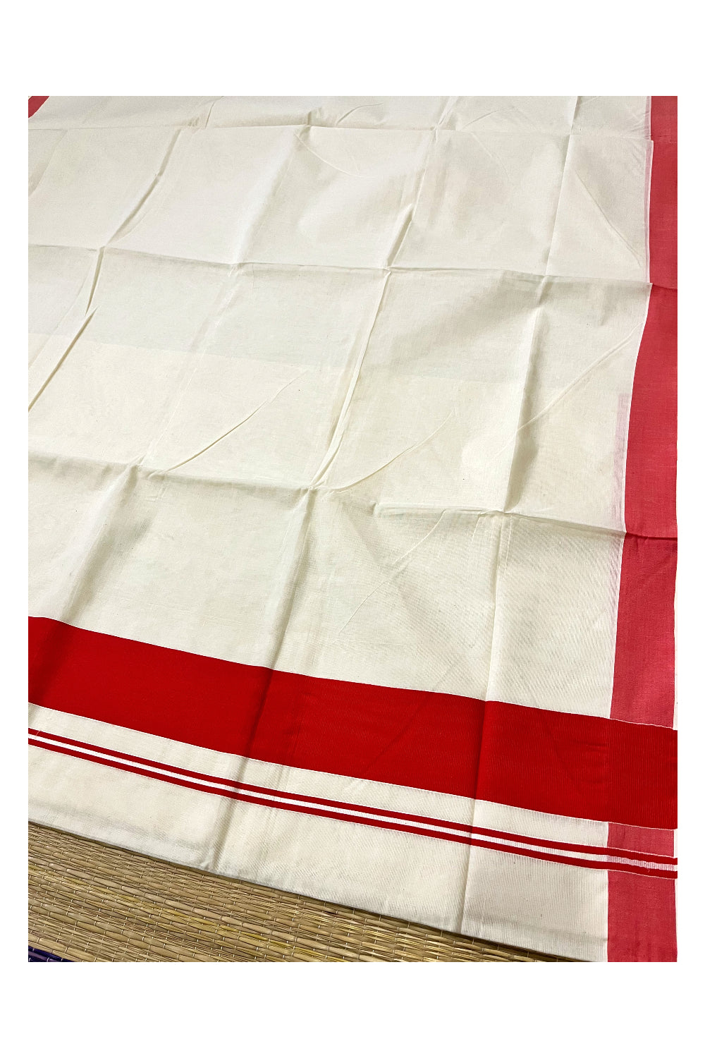 Pure Cotton Off White Kerala Saree with Orangish Red Border