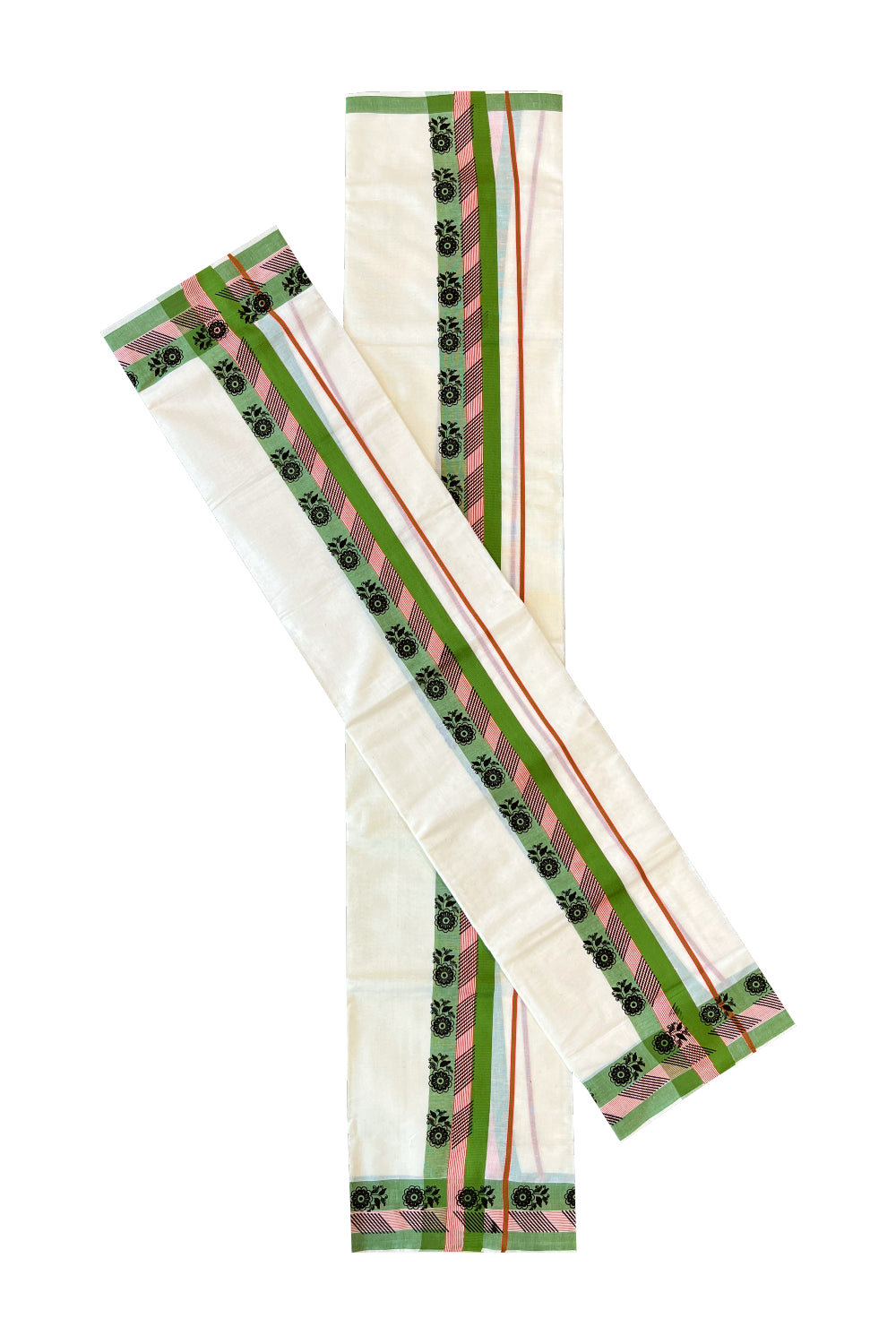 Cotton Single Set Mundu (Mundu Neriyathum) with Black Block Prints on Green Border