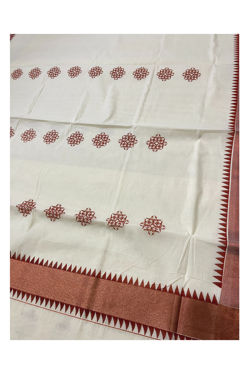 Kerala Pure Cotton Saree with Copper Kasavu Temple Border and Block Prints on Body