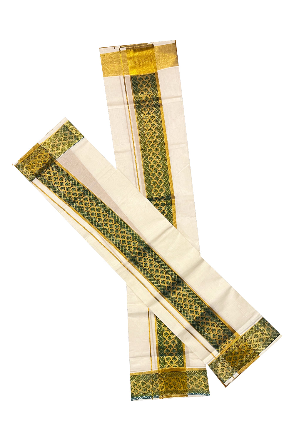 Kerala Pure Cotton Set Mundu Single (Mundum Neriyathum) with Green Block Prints on Kasavu Border 2.80Mtrs(Onam 2024 Collection)