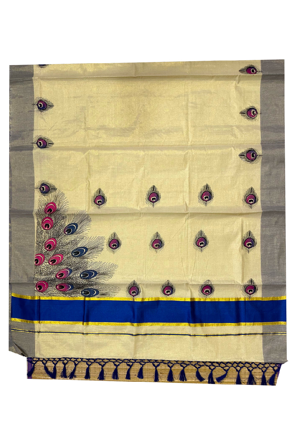 Kerala Tissue Kasavu Saree with Feather Block Prints and Blue Border (Onam Saree 2023)