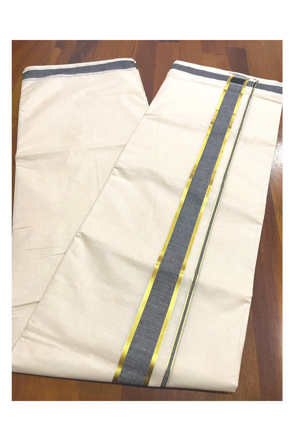 Off White Kerala Cotton Double Mundu with Black Kasavu Kara (South Indian Kerala Dhoti)