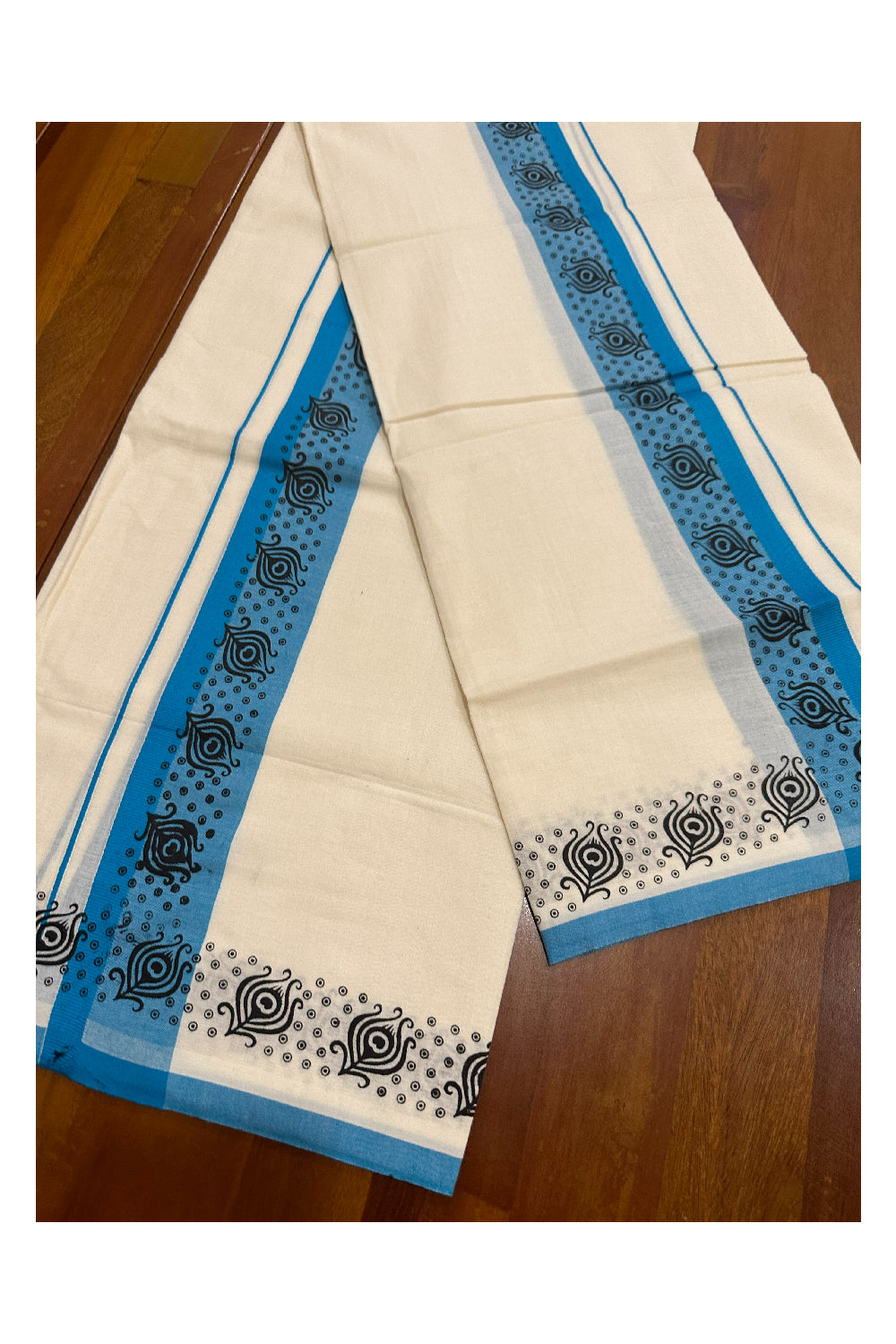 Kerala Cotton Set Mundu (Mundum Neriyathum) with Block Prints on Blue Border (Onam Set Mundu 2023)