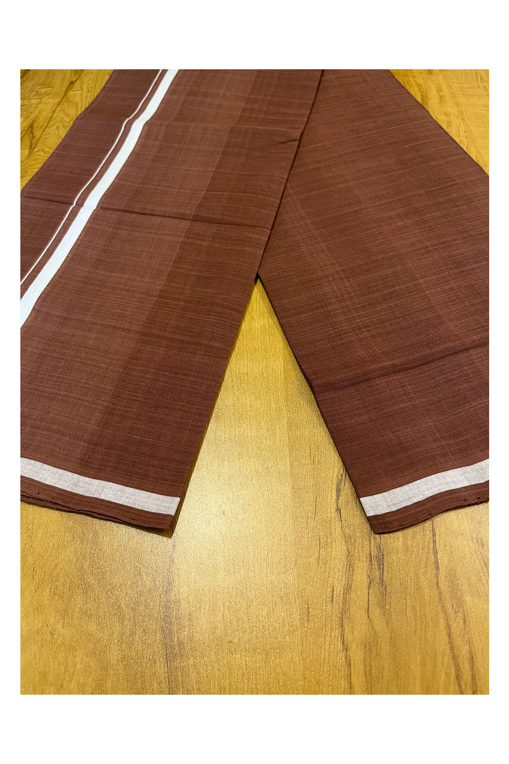 Southloom Premium Handloom Brown Solid Single Mundu (Lungi) with White Border (South Indian Kerala Dhoti)