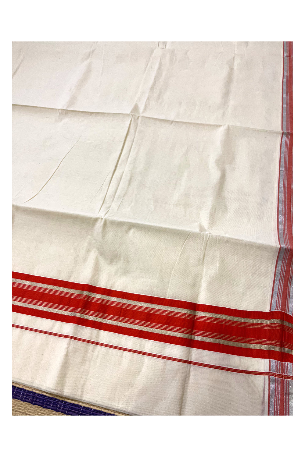 Pure Cotton Kerala Saree with Orange and Silver Kasavu Border