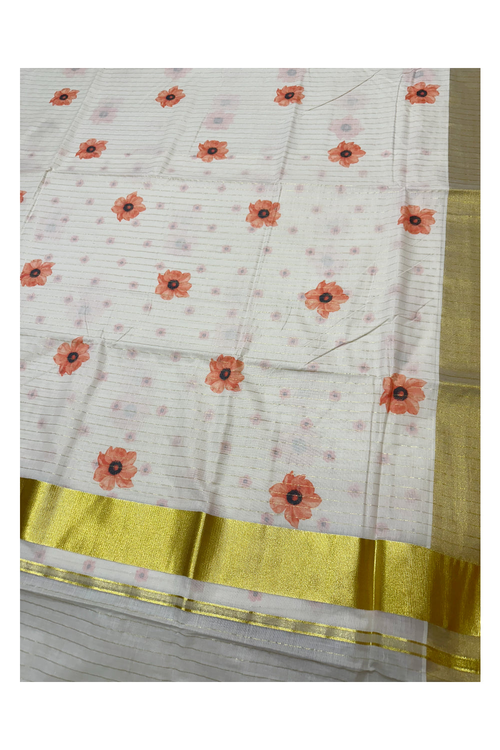 Southloom Onam Special Kasavu Lines Saree with Digital Printed Classy Floral Designs in Orange (Printed Matching Blouse Included)